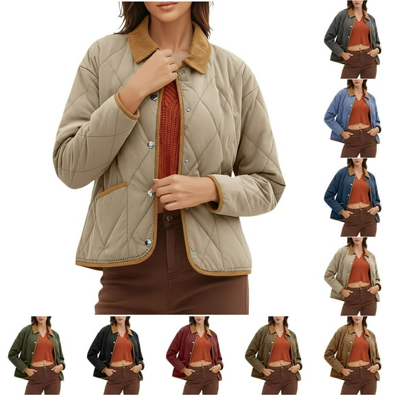 Jinhomg Womens Winter Quilted Jacket Corduroy Collar Button Down Puffer Jacket Lightweight Comfy Padded Cropped Coat Outerwear with Pockets