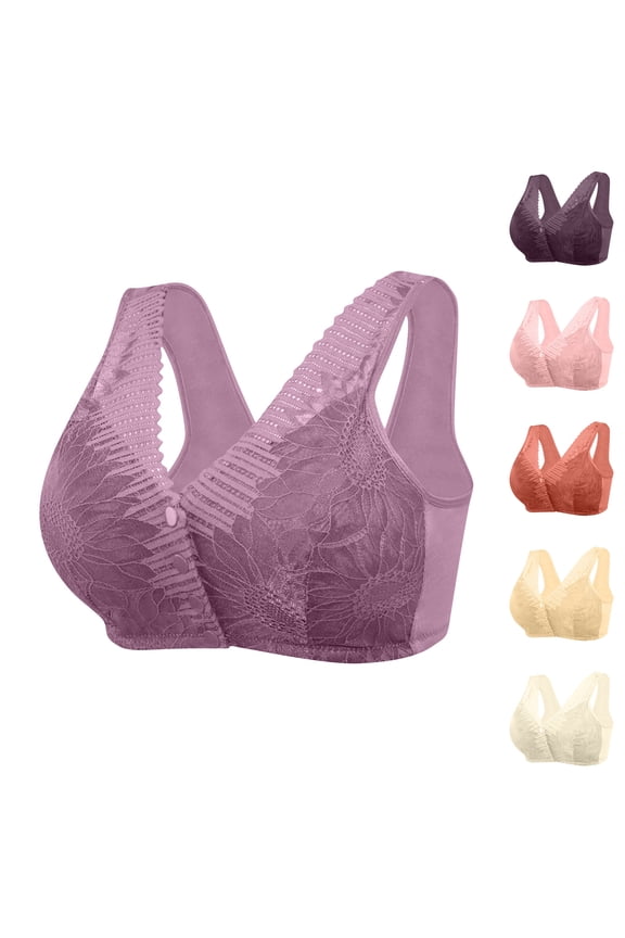 Womens Wireless Bras Front Closure Bra for Older Women Senior T-shirt Bras Floral Lace Bralette Comfortable Everyday Underwear Pink XXL