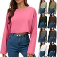 thumbnail image 1 of Jinhomg Womens Workout Tops Trendy Casual Cropped Sweatshirt Solid Color Long Sleeve Crewneck Pullover Shirt White XS, 1 of 7