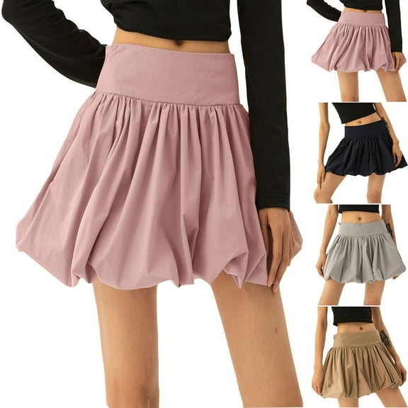 Jinhomg Womens Y2K Mini Skirts Cute Ruffle Hem A Line Bubble Skirt Casual Comfy Elastic High Waist Pleated Short Skirts Teen Girls Puffy Streetwear Black M
