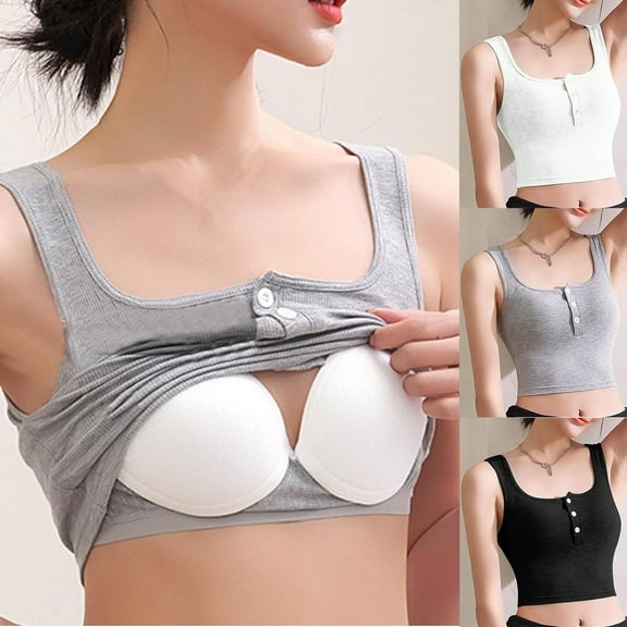 Jinhomg Womens Yoga Crop Top Casual Sleeveless Button Up Sport Bra Soft Comfy Square Neck Cotton Tank Tops Ladies Summer Workout Undershirts White XL