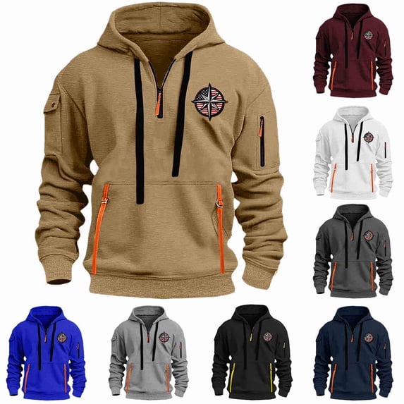 Jinhomg Work Hoodies for Men Big and Tall Comfy Multi Pocket Sweatshirts Trendy American Flag Graphic Long Sleeve Hooded Sweatshirt Black L
