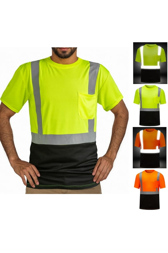 Work Shirts for Men Construction High Visibility Reflective Safety T-Shirts Breathable Comfy Mesh Short Sleeve Tops Big and Tall Shirts Winter Saving Green XXXL