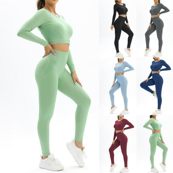 Jinhomg Workout Sets for Women Knitted Leggings Clothes Yoga Sets Long Sleeve Matching Gym Pilates Outfits 2 Piece Active Wear Wine S