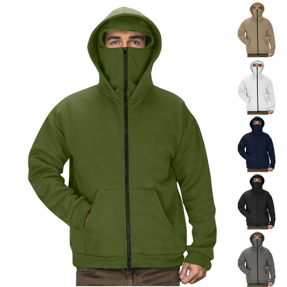 Jinhomg Zip Up Hoodie Men with Face Mask Winter Warm Fleece Sweatshirts Jackets Double Hat Fashion Windproof Coats for Fishing Hiking Gray,XXL