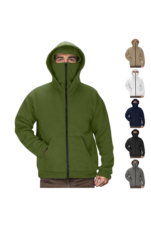 Zip Up Hoodie Men with Face Mask Winter Warm Fleece Sweatshirts Jackets Double Hat Fashion Windproof Coats for Fishing Hiking Navy,XL