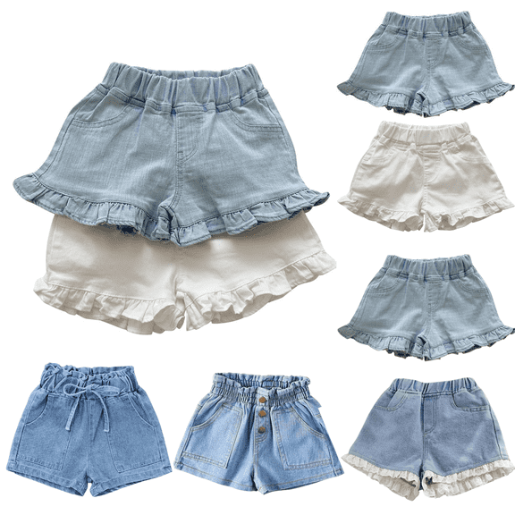 Jinhong Girls Summer Shorts Cute Bow Smocked Jeans Shorts with Pockets Casual Elastic Waist Denim Shorts for Toddler Girls Kids Pull On Clothes for 3-11 Years