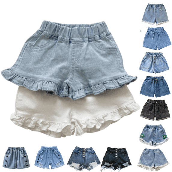 Jinhong Toddler Girls Shorts Denim Pull On Shorts Stretch Wasit Jean Shorts Cotton Comfy Lace Patchwork Shorts with Pockets for 3-11 Years