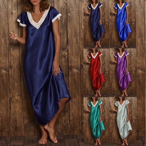 Jinhong Womens Satin Long Nightgown Lace Trim V Neck Silk Slip Dress Ruffle Short Sleeve Night Dress Lingerie Ankle Length Sleepwear Navy,XXXXXL