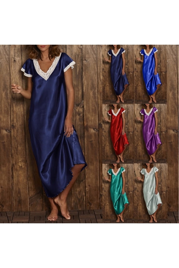Jinhong Womens Satin Long Nightgown Lace Trim V Neck Silk Slip Dress Ruffle Short Sleeve Night Dress Lingerie Ankle Length Sleepwear Red,S