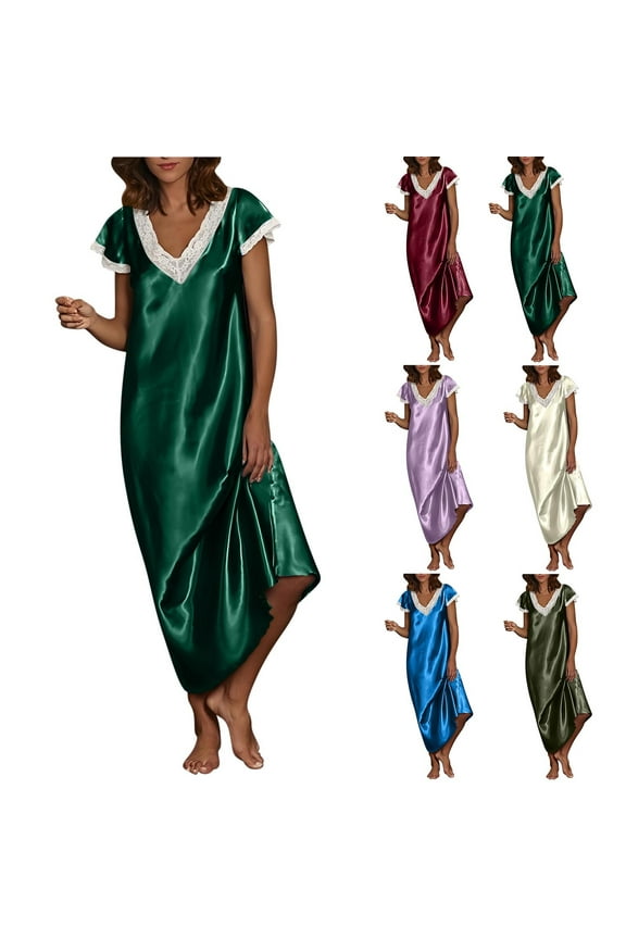Jinhong Womens Satin Long Nightgown Lace Trim V Neck Silk Slip Dress Ruffle Short Sleeve Night Dress Lingerie Ankle Length Sleepwear Red,XXL