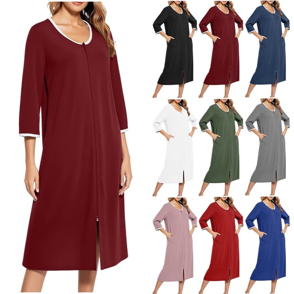 Jinhong Zip Up Robes for Women Short Fashion Colorblock Sleep Dress Bathrobe Lightweight House Coat 3/4 Sleeve Soft Nightgown with Pockets Army Green,M