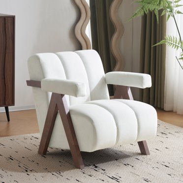 Jinla Modern Upholstered Velvet Arm Chair with Solid Wood Frame, Ivory