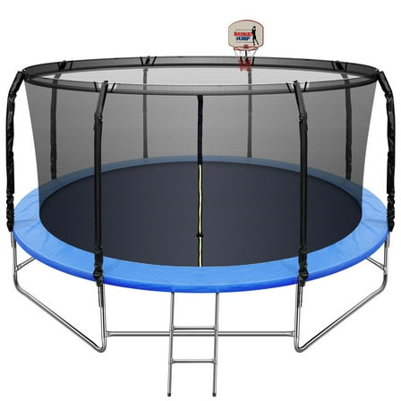 Jins and Vico Adults and Kids Heavy Duty Trampoline with Safety Net Basketball Hoop, Black, 149 lbs