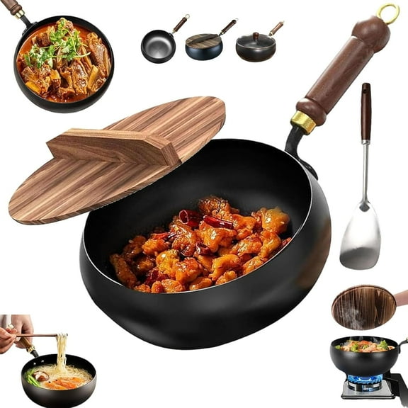 Jinswhdre Cast Iron Skillet, 9.5/11in Uncoated Pure Iron Skillet With Lid, Traditional Hand-Forged Japanese Large Belly Pot, for Culinary Styles For Kitchen