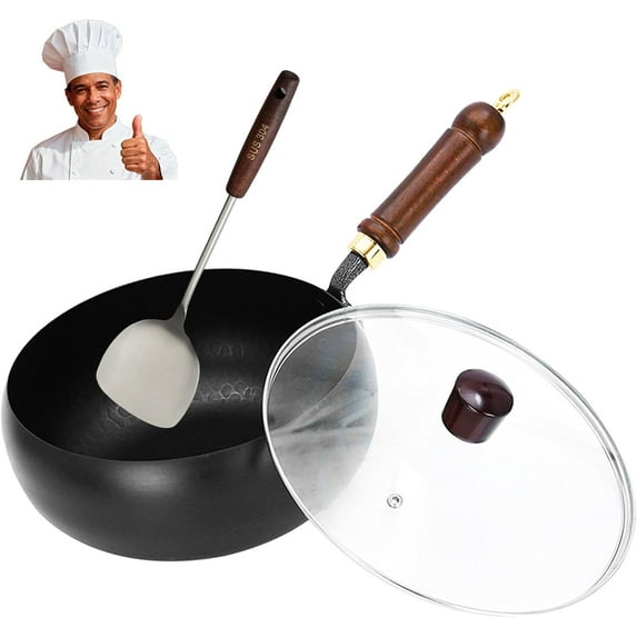 Jinswhdre Cast Iron Skillet, Jinswhdre Wok, Jinswhdre Cast Iron Pan, Hand-Forged Non Stick Iron Wok with Lid, Uncoated Iron Pan, Woks & Stir-Fry Pans Nonstick (A-Glass Lid, 9.4in/24cm)