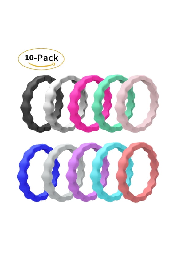 10 Pack 3MM Wave Pattern Silicone Wedding Rings for Womens Thin Stackable Rubber Wedding Bands Stretchy Comfort Sport Rings Size 5-10