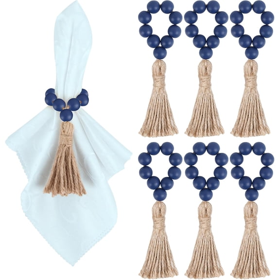 Jinswick 10 Pcs Wooden Bead Napkin Rings, Farmhouse Stretchable Napkin Rings with Tassel Boho Napkin Ring for Dining Table,Wedding Decoration (Navy Blue)