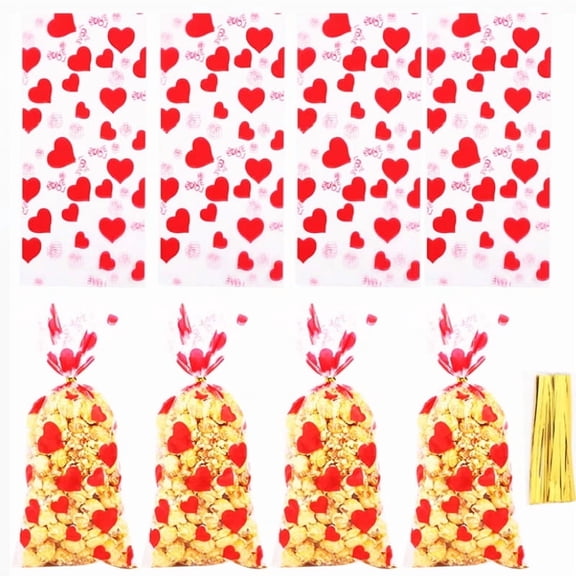 Jinswick 100 Pieces Valentine Cello Bags Heart Printed Cellophane Wraps with 100 Pieces Twist Ties for Valentine's Day Party Supplies, Weddings, Bridal or Baby Shower