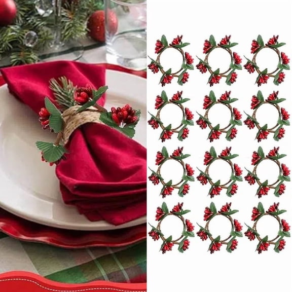 Jinswick 12 Pcs Christmas Napkin Rings, Rustic Napkin Ring Fake Red Berry Candle Ring Faux Napkins Rings with Green Leaves for Table Centerpiece Farmhouse Decorations