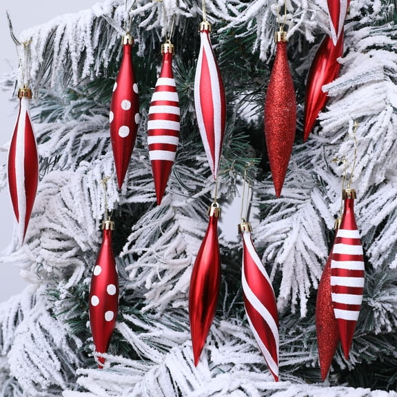 Jinswick 12 Pcs Red and White Christmas Ball Ornaments 6.3'' Finial Drop Xmas Plastic Droplet Stripe Dot Matte Glitter Hanging Ball for Christmas Tree Party Decoration Supplies