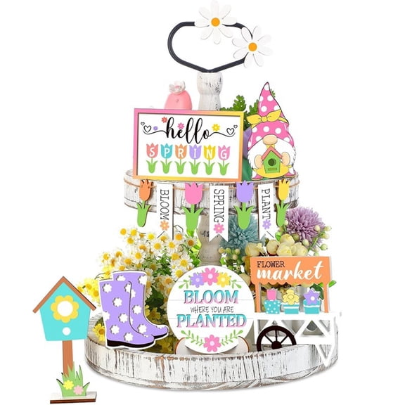 Jinswick 12 Pcs Spring Tiered Tray Decor Wooden Gnomes Flowers Plants Tabletop Trays Signs Summer Fall Tiered Tray Items for Home Farmhouse Rustic Kitchen Decorations (Spring)
