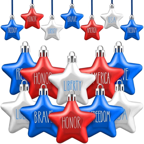 Jinswick 12Pcs 4th of July Patriotic Hanging Star Ornaments for Tree, Memorial Day Independence Day Labor Day Hanging Small Star Decorations for Home Party Christmas Tree Decor, Blue Red and Silver