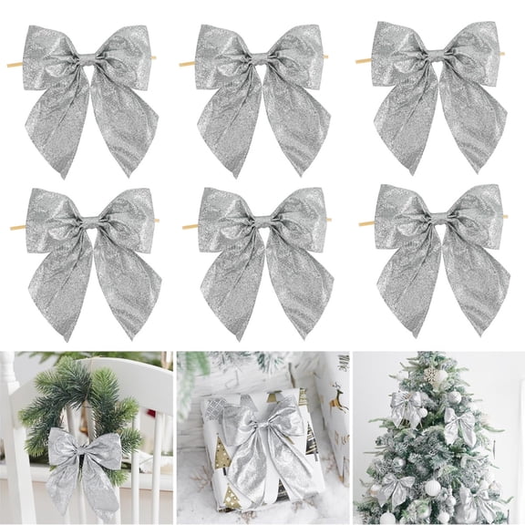Jinswick 12Pcs 5.5" Silver Glitter Premade Christmas Bows with Twist Tie, Metallic Wired Ribbon Bows for Wreath, Garland & Gift Decor