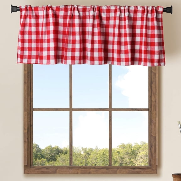 Jinswick 1Pack Buffalo Check Plaid Cotton Window Valances Red and White Farmhouse Design Window Treatment Decor Curtains Valances for Kitchen/Living Room 15" x 55" (Red and White)