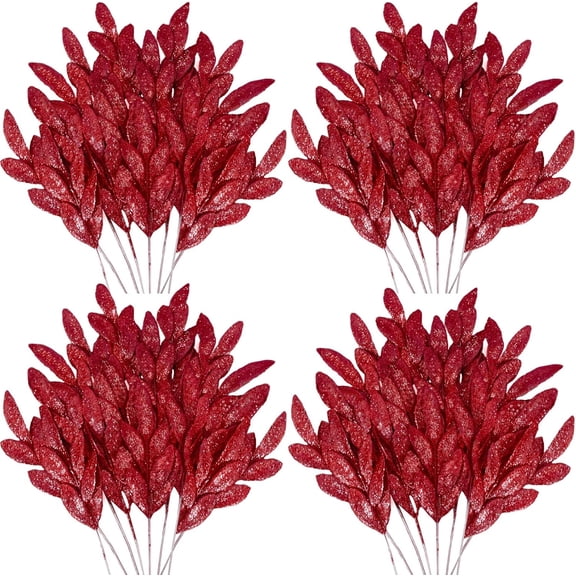 Jinswick 20pcs Christmas Glittered Red Leaves, 13" Artificial Glitter Christmas Tree Branches and Sprays for DIY Wreath Christmas Tree Decorations