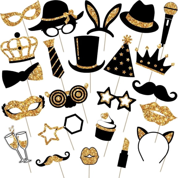 Jinswick 23Pcs Black Gold Prom Photo Booth Props Kit, Graduation Party Decorations Supplies for Prom Night, Themed Dance & New Year's Eve Party Supplies, Wedding Photo Props