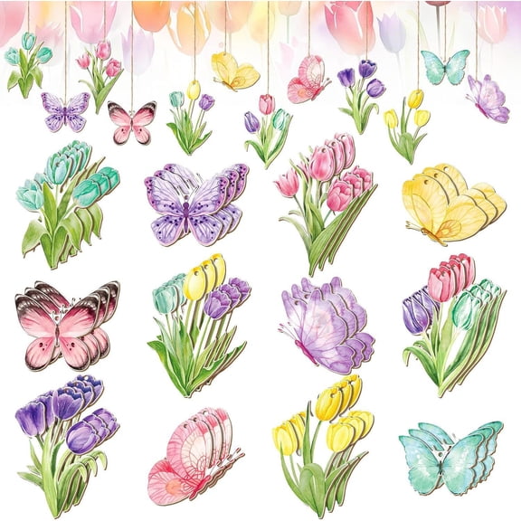 Jinswick 24 Pcs Spring Ornaments for Tree Spring Flower Tulip Wooded Decorations Easter Tree Decorations Farmhouse Hanging Sign for Holiday Easter Party Home Decoration(Butterfly)