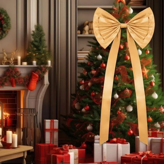 Jinswick 24 x 71 Inches Christmas Extra Large Bows Christmas Tree Topper Decor Giant Xmas Tree Toppers Bows for Home Wreath Wall Backdrop Birthday Wedding Party Decorations(Gold)