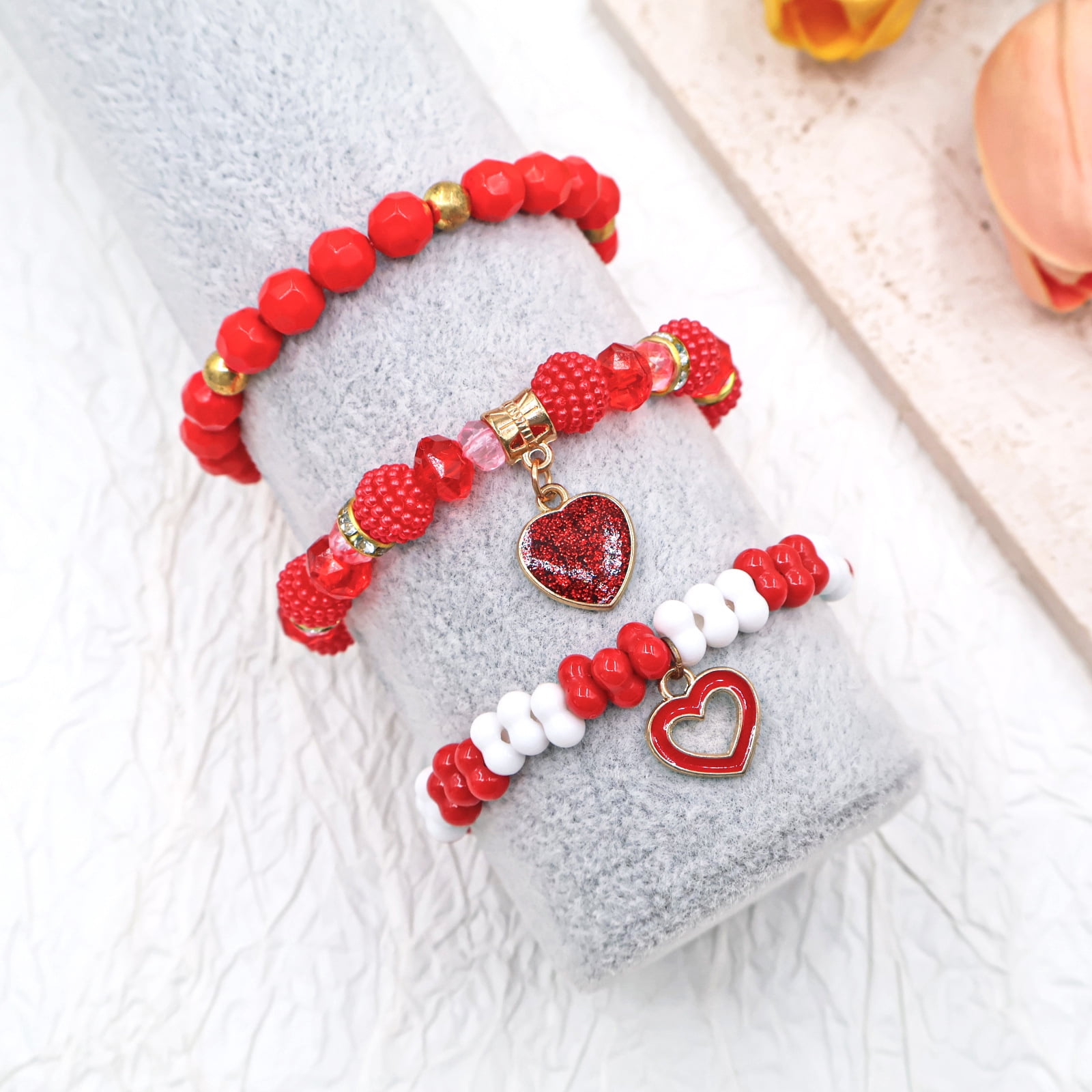 Jinswick 3-Piece Valentine's Day Bracelet Set Ladies Red Heart Charm Bracelet Elastic Bracelet Holiday Birthday Party Gift Wedding Anniversary Gift