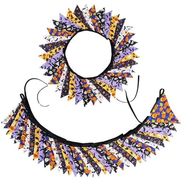 Jinswick 32Ft Black Orange Purple Halloween Pennant Banner Triangle Flags Fabric Bunting Garland Cotton Flag for Halloween Birthday Wedding Party Home Garden Outdoor Decorations