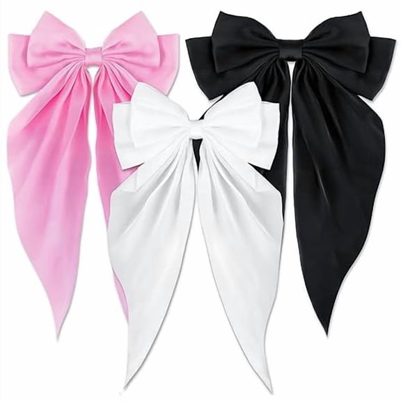 Jinswick 3PCS Silky Satin Hair Bows, Oversized Long Tail Bows with Barrette Clips, Coquette Hair Accessories for Women and Girls (Black - White - Light Pink)