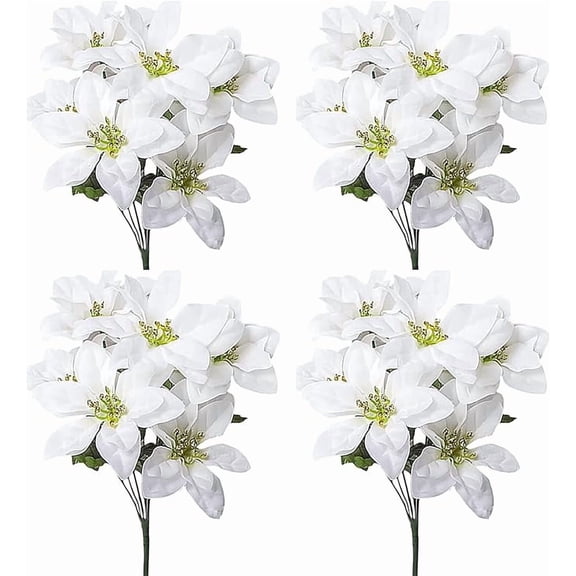Jinswick 4 Pcs Artificial Poinsettia Bushes, Faux 7 Heads Silk Poinsettia Artificial Christmas Flower White Poinsettia Flower Bouquet for Home Decor, 33cm/13in