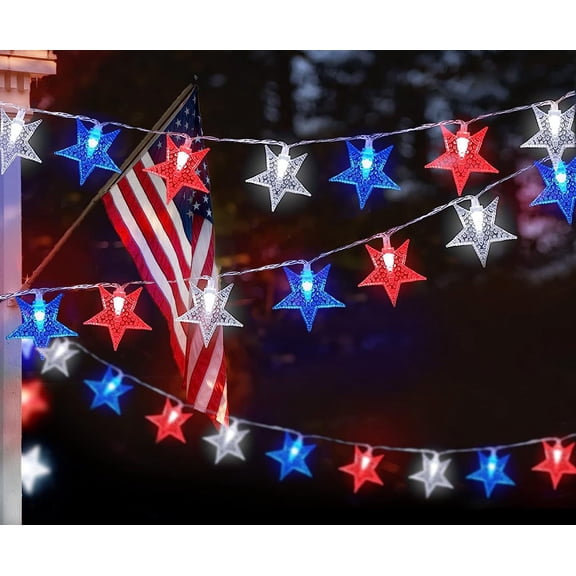 Jinswick 4th of July Decorations Red White and Blue Star String Light Battery Operated 4.92FT 10 LED Indoor Outdoor Waterproof Twinkle Patriotic Fairy Lights for Independence Day Memorial Day