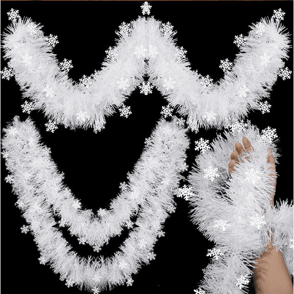 Jinswick 6.56Ft Christmas Snowflake Tinsel Garland Metallic Twist Garland Decor Foil Tinsel for Christmas Tree Xmas Home Fireplace Party Decorations(White)