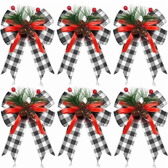Jinswick 6 Pcs Christmas Bows with Pine Cones Pine Needles Xmas Plaid Bows Black White Ribbon Christmas Tree Wreath Decoration for Xmas Parties Indoor Outdoor Crafts DIY Decor