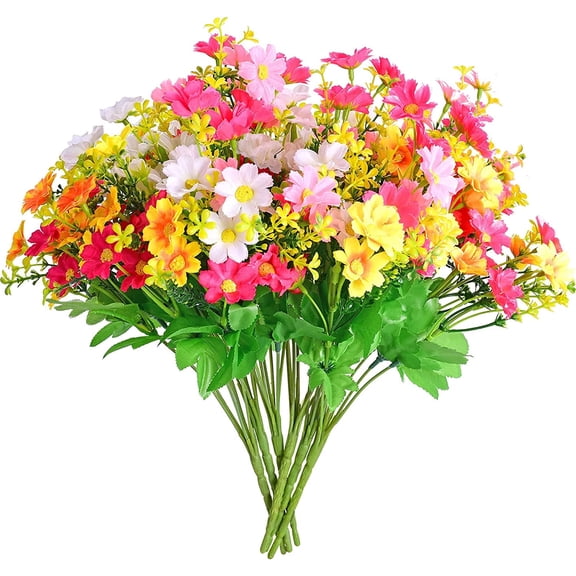 Jinswick 6 bunches artificial fake flowers daisy bouquet outdoor silk simulation wild hepatica flower daisy indoor outdoor home garden decor graveyard decoration（Orange White & Pink）