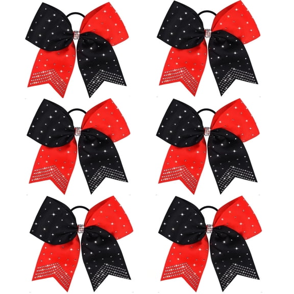 Jinswick 6PCS 8" Large Glitter Cheer Bows Colorful Shimmer Shiny Cheer Hair Bows Elastic Band Ponytail Holder for Cheerleader Girls Sports -Red Black