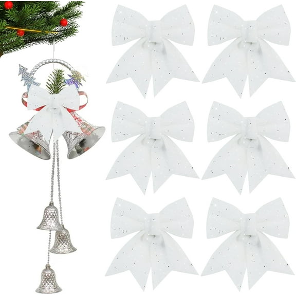 Jinswick 6pcs White Shiny Bow Christmas Glitter Twist Tie Bows for Decoration Gift Box Wrapping, Christams Baskets Decor, Wedding Birthday Festival Party Decoration