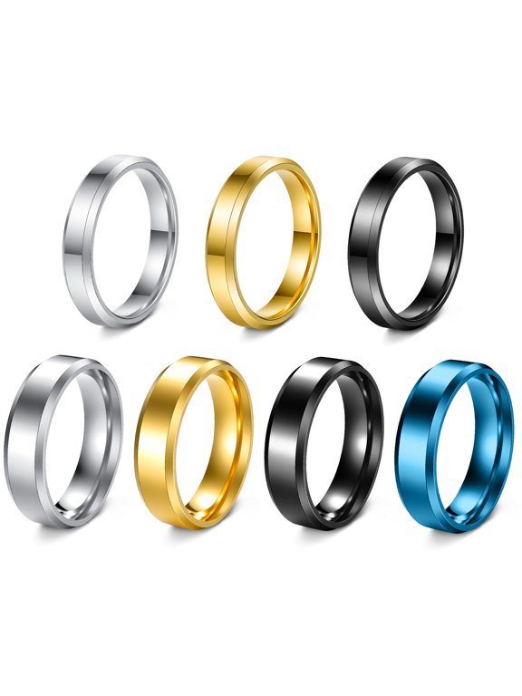 7Pack Stainless Steel Rings for Men Women 6MM 4MM Wedding Band Rings - Beveled Polished Edge Mens Ring Size 6-13