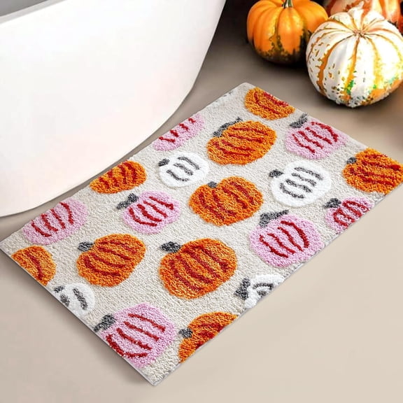 Jinswick Autumn Bathroom Pumpkin Bath Mat, Thanksgiving Absorbent Non-Slip Shaggy Bath Rug ,Fall Bathroom Mat for Shower, Bathtub, Sink, Decor, Machine Washable, 16''x24''