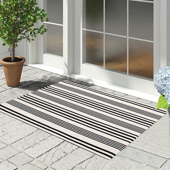 Jinswick Black and White Striped Outdoor Rug, 16“ x 24” Farmhouse-Style Doormat, Absorbent Bathroom Rug, Machine Washable, Ideal for Entryways and Bedrooms