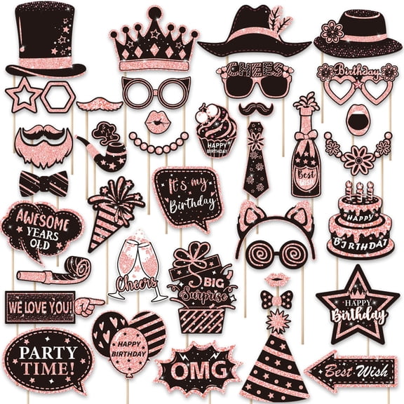 Jinswick BlackPink 36 Pcs Birthday Photo Booth Props Kit, Black and Gold Party Favors, Happy Birthday Party Decorations, Photobooth Funny Cute Holiday Selfie Supplies