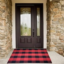Jinswick Buffalo Plaid Check Rug  Hand-Woven Indoor Or Outdoor Washable Checkered Rugs for Layered Door Mats for Front Porch/Entryway/Farmhouse, Red and Black Plaid Doormat