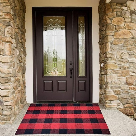 Jinswick Buffalo Plaid Check Rug Hand-Woven Indoor Or Outdoor Washable Checkered Rugs for Layered Door Mats for Front Porch/Entryway/Farmhouse, Red and Black Plaid Doormat