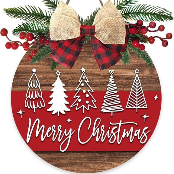 Jinswick Chrismas Welcome Wreath Sign Decorations, Merry Christmas Hanging Sign for Front Door, Christmas Wooden Door Wreath with Bow for Holiday Rustic Farmhouse Outdoor Wall Window Decor